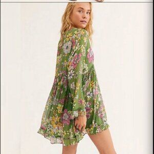 Free People "Everything and More" Green 2 piece floral shift dress/tunic L